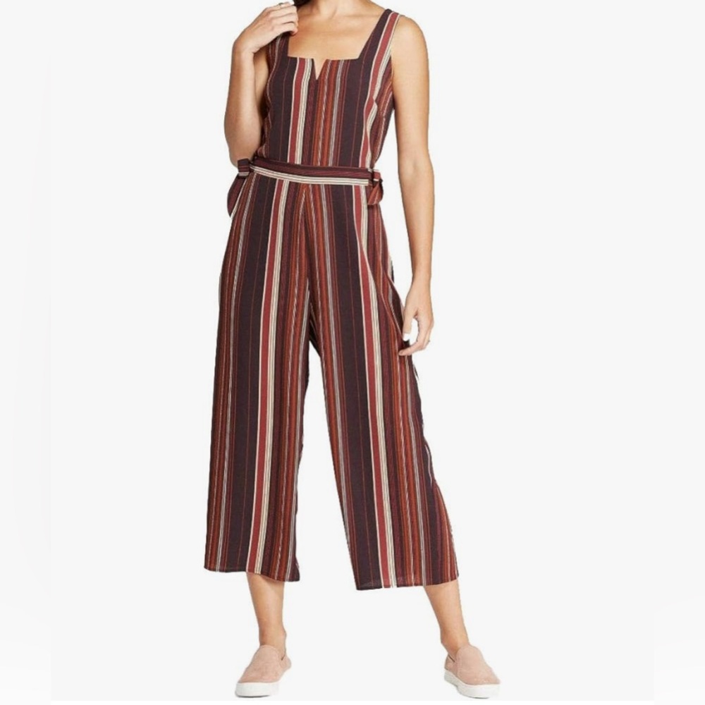 Women's Striped Square Neck Sleeveless Side-Tie Cropped Jumpsuit